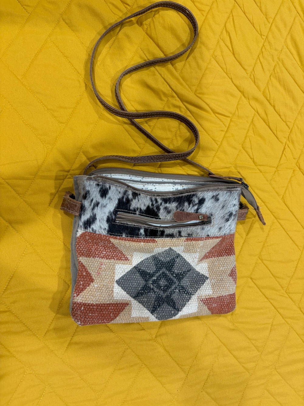 Myra Bag Southwestern Crossbody with Cowhide Accent - Brown/Black/Gray